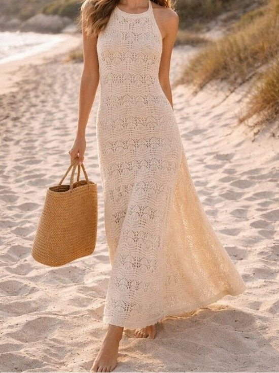 Miou Muse Dresses & Skirts - Boho Crochet Halter Maxi Dress in Cream